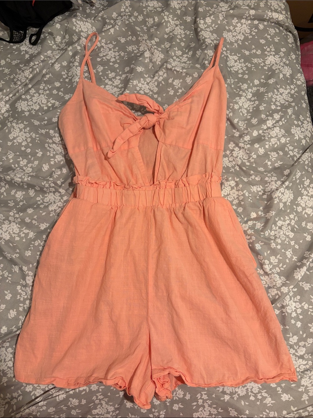 Women's Peach Tie-Front Linen Romper